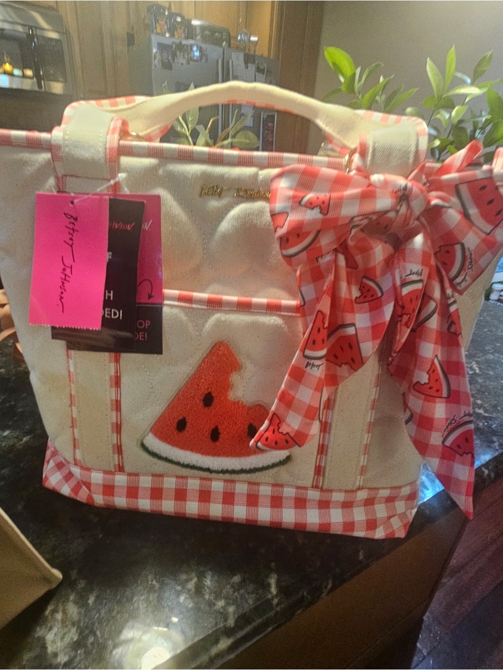 Betsey Johnson Cream & Pink Watermelon Appliqué Tote with matching large wristle